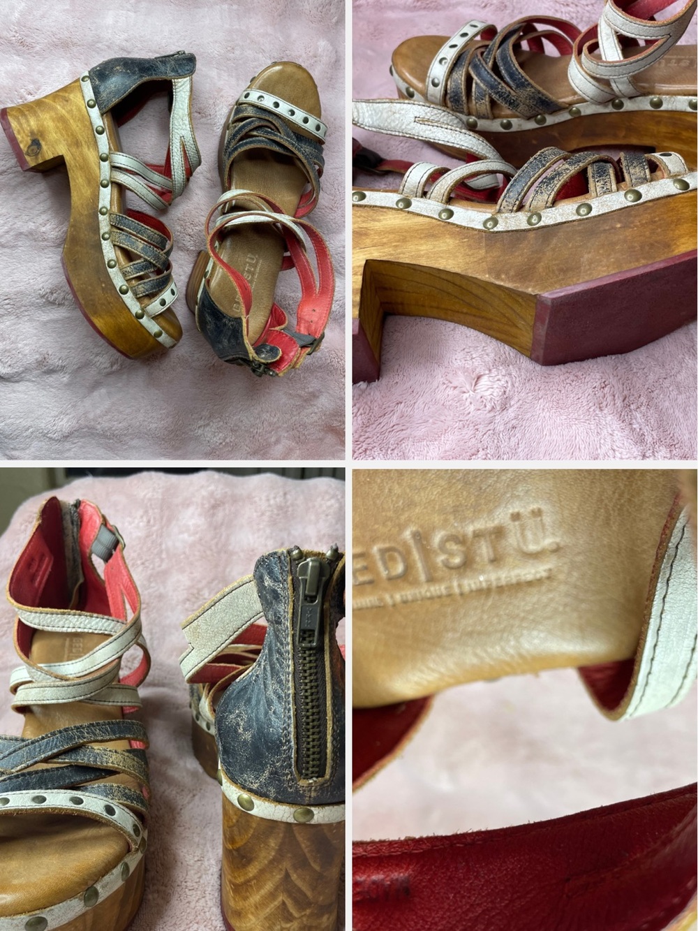 Multi-Color BED|STU Leather Strappy Wood Platform Sandals - Red & White